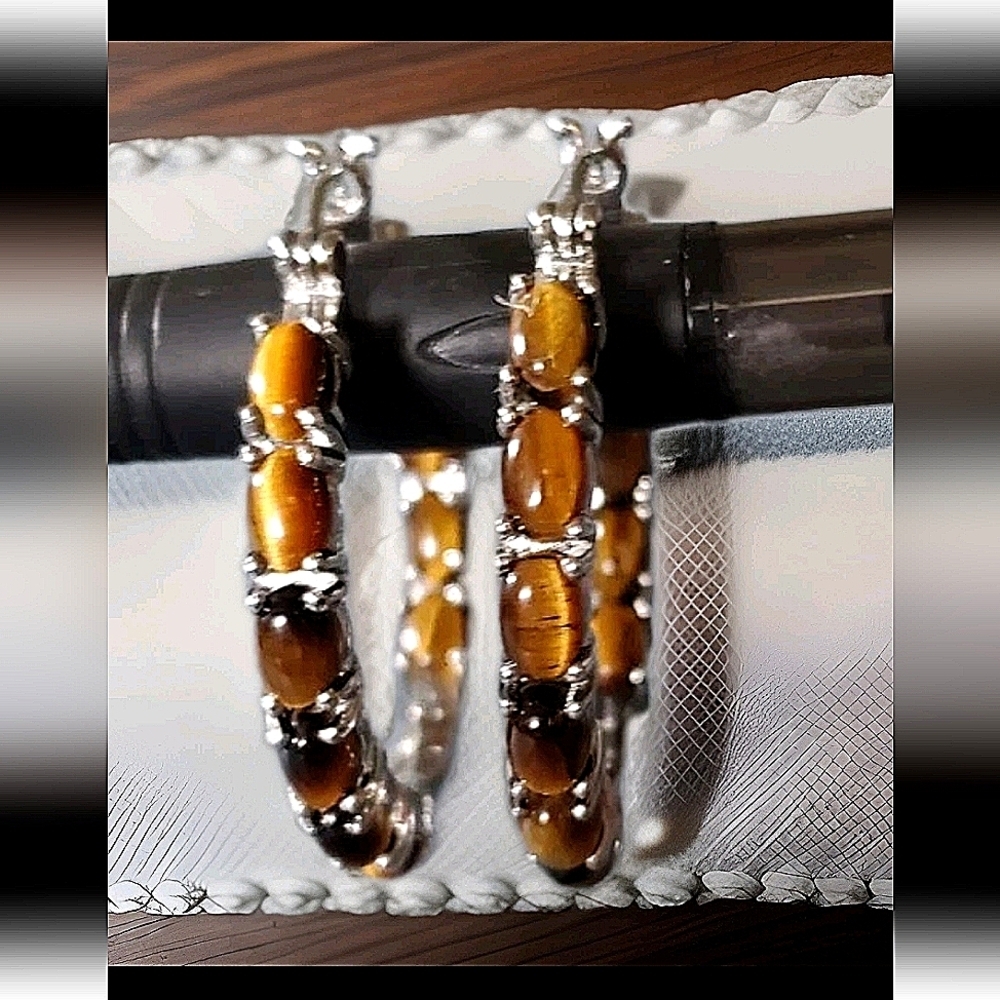Tiger's Eye Hoop Earrings South African - Picture 7 of 8